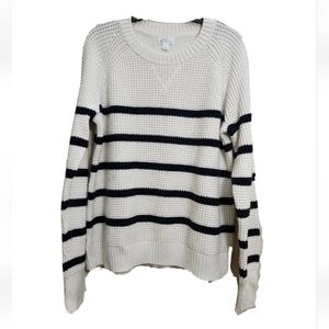 Market & Spruce Sweater Waffle-Knit White Navy Blue Striped XL Heavyweight Warm